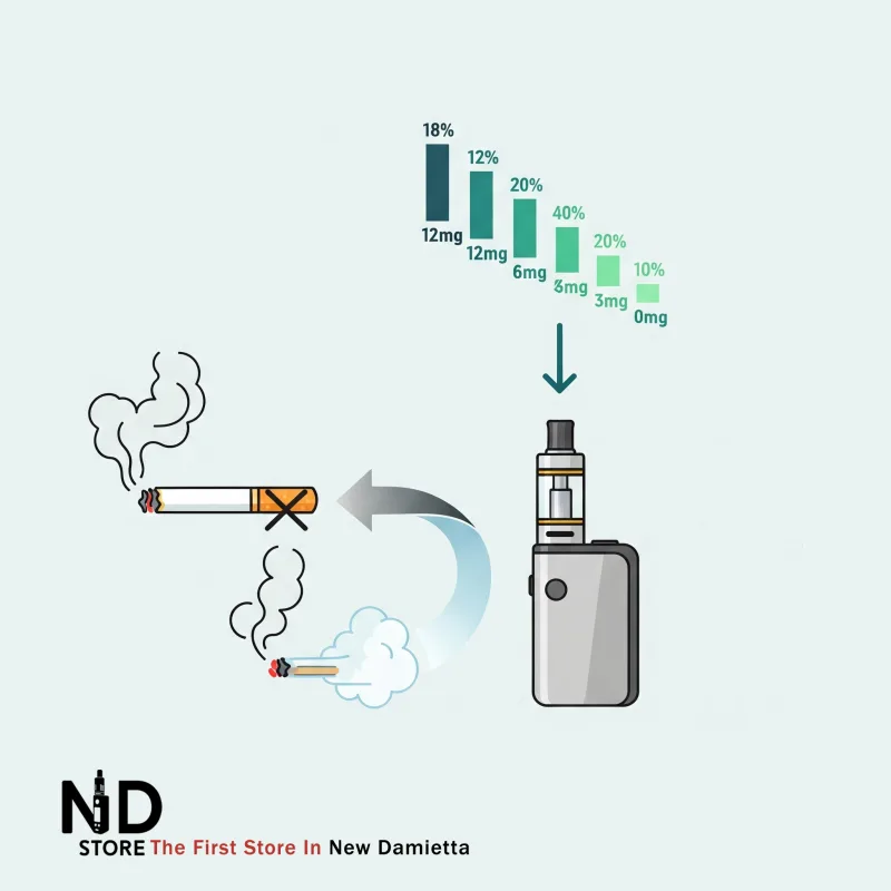 How Vaping Helps You Quit Smoking ND Store إنفوجرافيك يوضح كيف يساعد جهاز الفيب في الإقلاع عن التدخين تدريجياً، مع رموز توضيحية لجهاز فيب، تقليل النيكوتين، وشخص ينجح في الإقلاع عن التدخين. - ND Store, Vape Store in Damietta