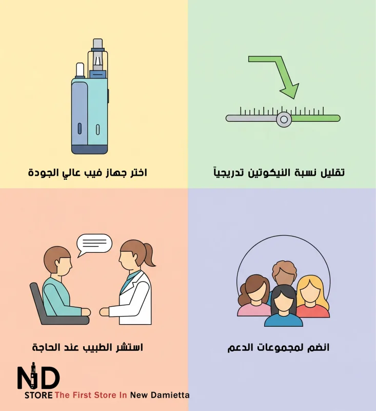 Tips to Ensure Success ND Store إنفوجرافيك يعرض نصائح لضمان نجاح الإقلاع عن التدخين باستخدام الفيب، مثل اختيار جهاز فيب عالي الجودة، تقليل النيكوتين تدريجياً، استشارة الطبيب، والانضمام لمجموعات الدعم. - ND Store, Vape Store in Damietta